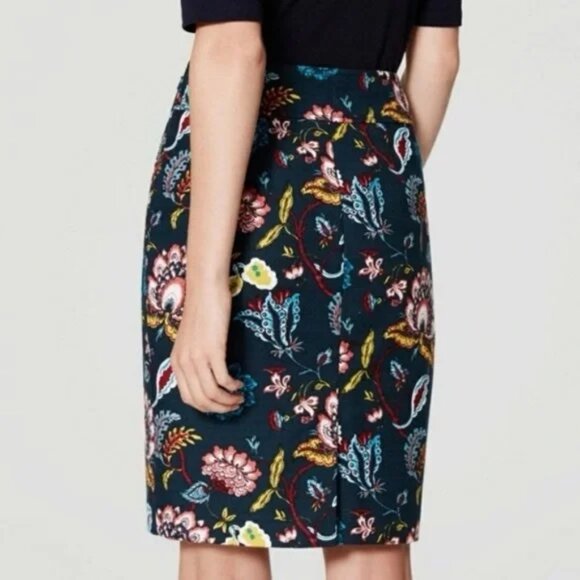 LOFT Blue Teal Floral Pencil Skirt Size 6 Cotton Stretch Lined Side Zip - Picture 2 of 12